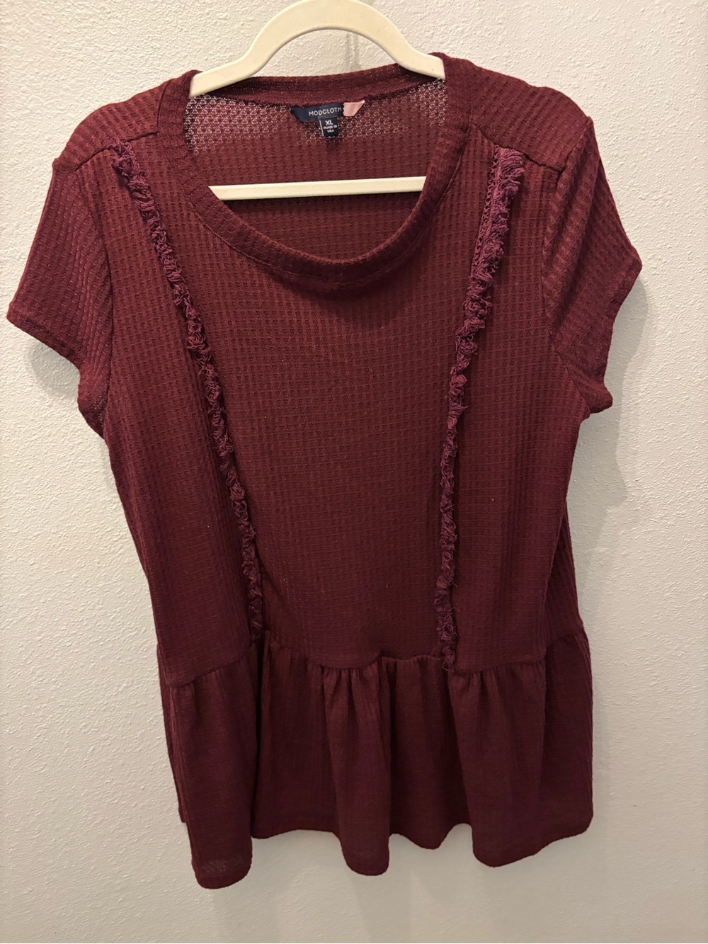 Wine Red Short Sleeve Peplum Waffle Knit Top